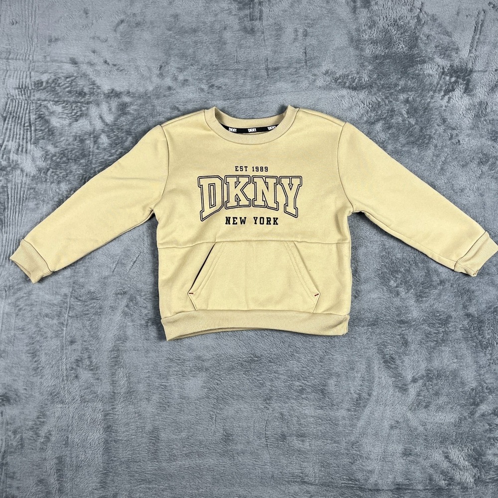 DKNY New York Sweatshirt Toddler Boys 3T Beige Graphic Fleece Lined Crew Neck